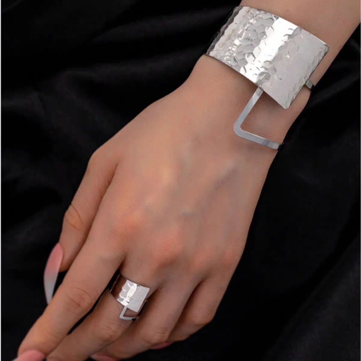 geometric bangle and ring set silver